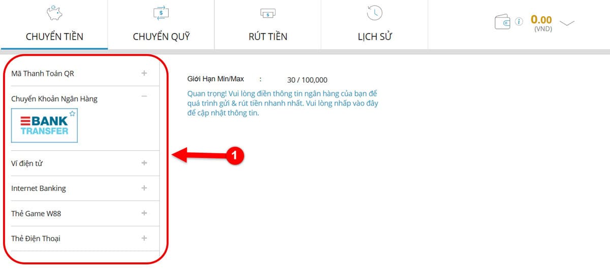 Bước 2: Chọn phương thức nạp tiền