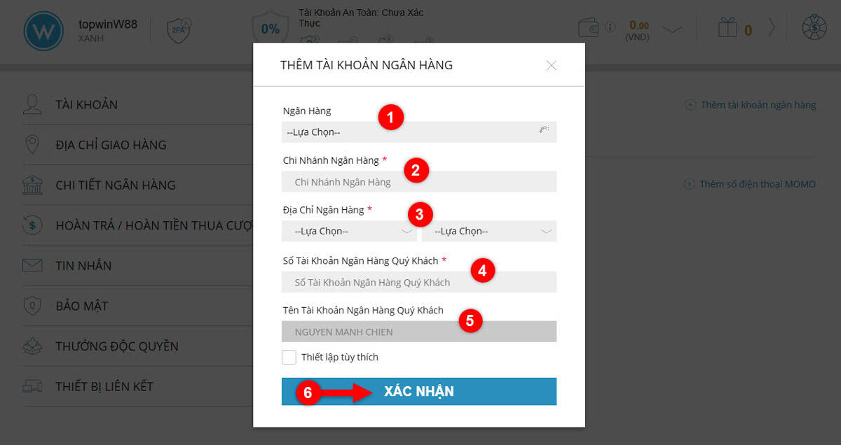 Nhập chính xác thông tin ngân hàng